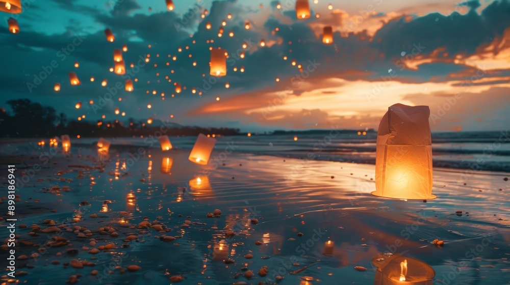 Poster Sky lanterns float on water as the sun sets, creating a beautiful reflection and a harmonious atmosphere during a sunset event on the coastline.