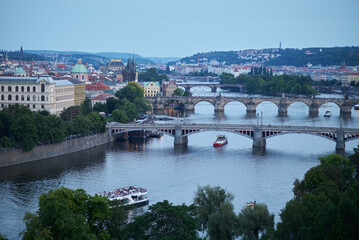 Aerial cityscape evening view of Prague, capital of Czech Republic, view from Letna park