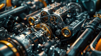 Engine oil and gears closeup, 3D rendering of a gear with oil pouring on it Detailed view of a modern engine being produced at a factory
