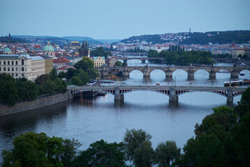 Fototapeta premium Aerial cityscape evening view of Prague, capital of Czech Republic, view from Letna park