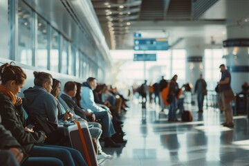 Passengers are seated in a brightly lit and modern airport lounge, indicating a state of waiting and anticipation for their upcoming flights, with clear signage overhead.