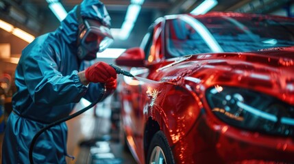 A car painter in a specialized chamber workshop carefully applies metallic paint and varnish to an automobile bumper while wearing protective clothing and a mask to ensure a perfect finish.