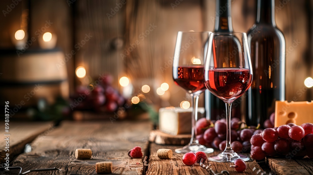 Poster Two glasses of red wine filled to the brim stand next to two bottles of wine on a wooden table with a cheese wedge and grapes. Generative AI
