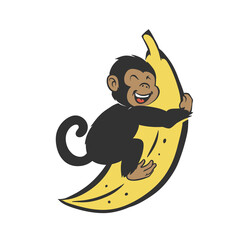 Vector Illustration Cartoon Monkey Clinging to Banana Logo Icon