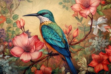 Vintage drawing of bird of flowers pattern painting animal plant.