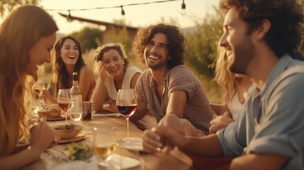 Happy friends having fun outdoor. Group of friends having backyard dinner party together. Young people sitting at bar table toasting wine glasses in vineyards garden.