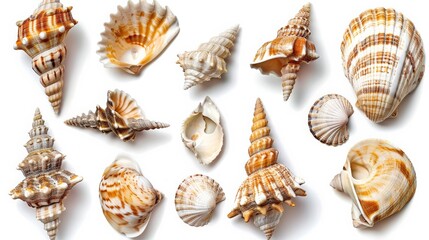 A variety of beautifully patterned sea shells arranged in a collection against a clean, white background, showcasing different shapes and textures.