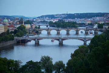 Aerial cityscape evening view of Prague, capital of Czech Republic, view from Letna park
