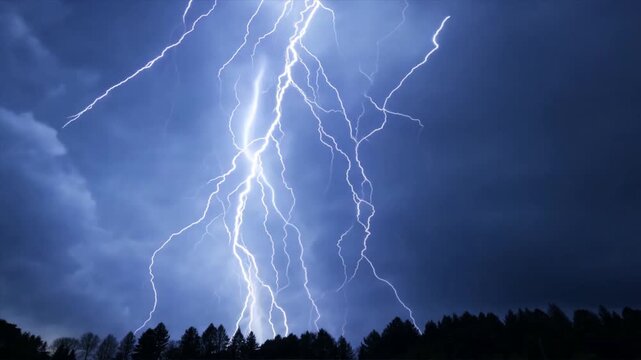 Bright lightning bolts illuminate a dark,