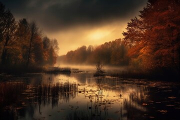 Obraz premium Misty Morning on Lake with Autumn Trees