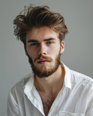 Obraz premium Portrait young man with tousled hair and a beard gazes seriously at the camera wearing a white shirt against a gray background