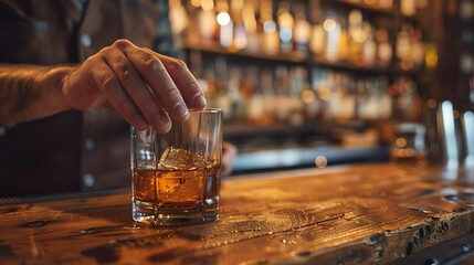 A close-up of a bartender sliding a glass of whiskey across a rustic wooden bar, with the amber liquid catching the light.