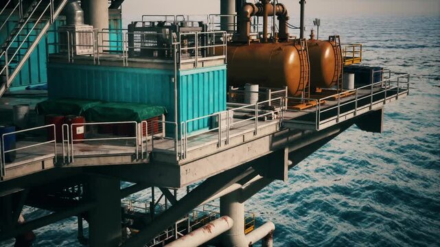 An old oil rig platform is mounted on the side of a large ship in the ocean.