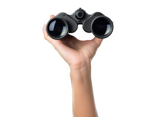 binoculars in hand isolated on transparent and white background, find and search concept