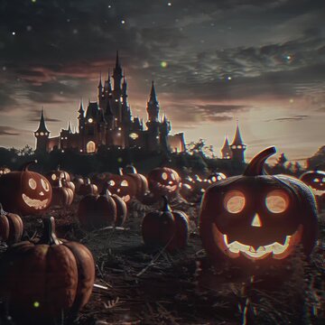 scary pumpkin patch for halloween background. pumpkin field located in front of old castle. dark night sky background