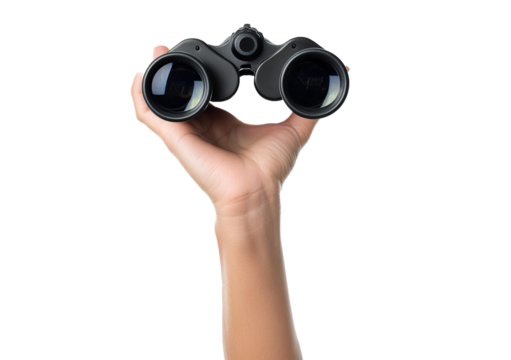 binoculars in hand isolated on transparent and white background, find and search concept