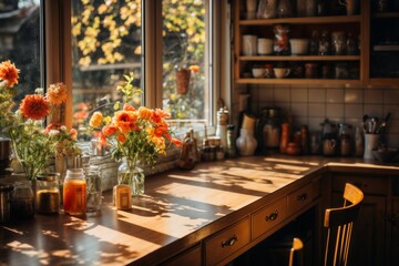 interior of a kitchen, with flowers and a view of the beautiful summer landscape outside the window