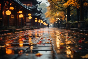 old town on a late rainy evening, wet pavement, street lights, old architecture in Japanese or Chinese style