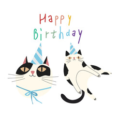 Set of Birthday greeting cards with cute cartoon character animals and colorful confetti background. Adorable playful cats and dog in festive hats. Furry human friends home animals