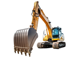 Heavy modern yellow digger excavator isolated on transparent or white background