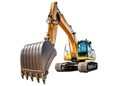 Heavy modern yellow digger excavator isolated on transparent or white background