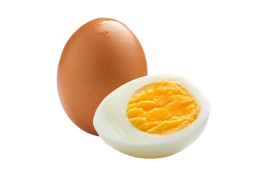 Single whole boiled egg with halved egg isolated on a transparent or white background