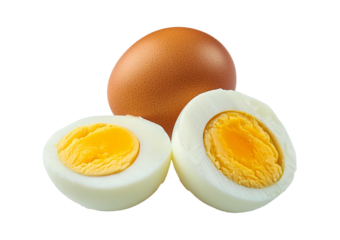 Single whole boiled egg with halved egg isolated on a transparent or white background