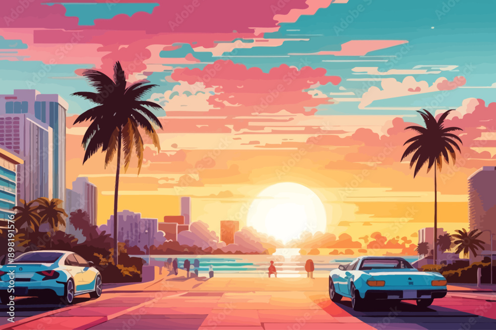 Wall mural at sunset illustration of the beach in Miami