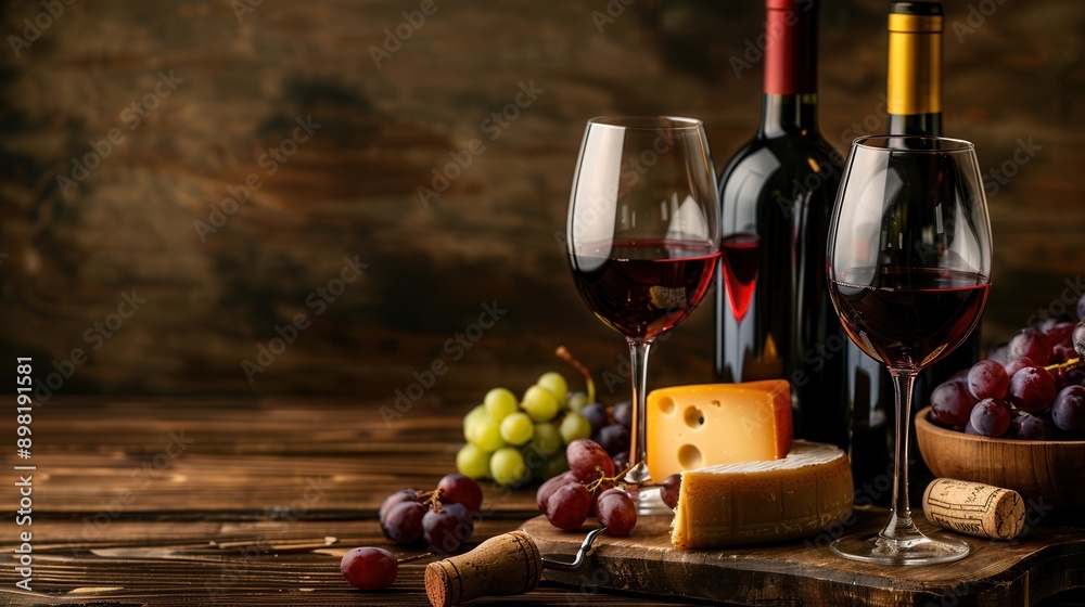 Aufkleber two glasses of red wine sit on a wooden table beside two bottles of wine, a cheeseboard with two typ