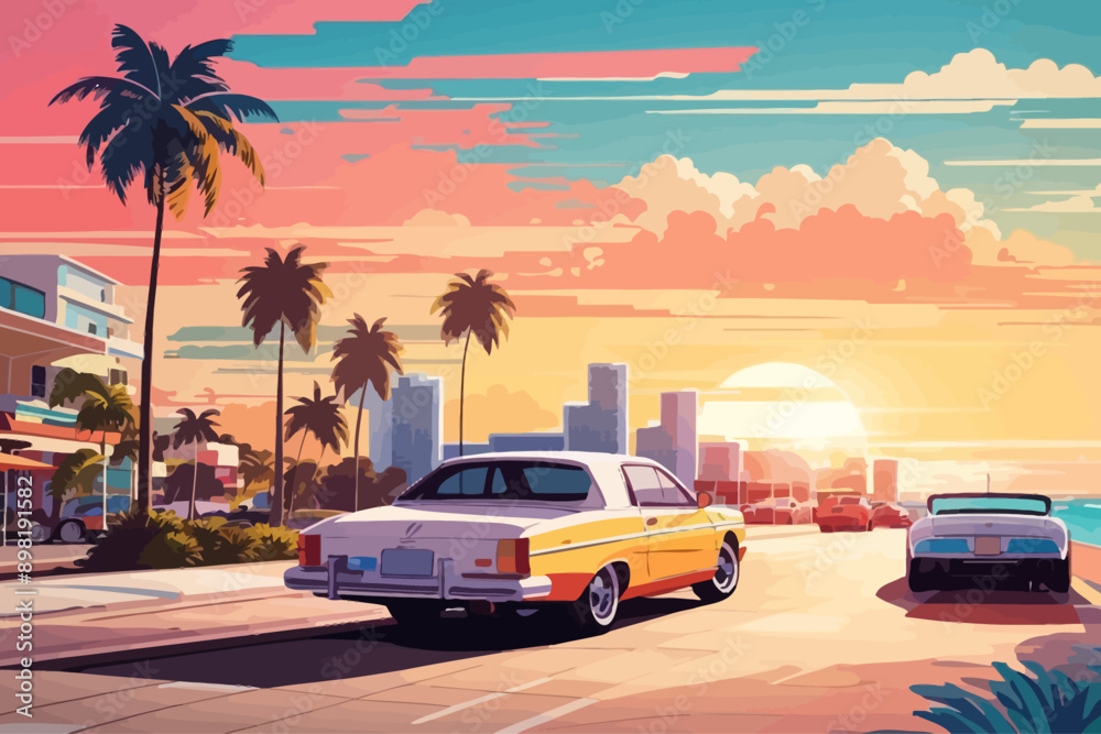 Wall mural at sunset illustration of the beach in miami