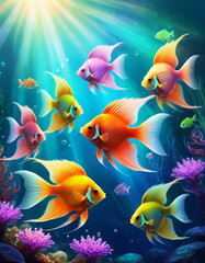 Naklejka premium Vibrant orange white yellow blue red reef fish swim through coral reef. Sun rays pierce sea water. Variety of animal. Ecology hydrosphere. Anthropogenic factor influencing death of coral reefs. AI