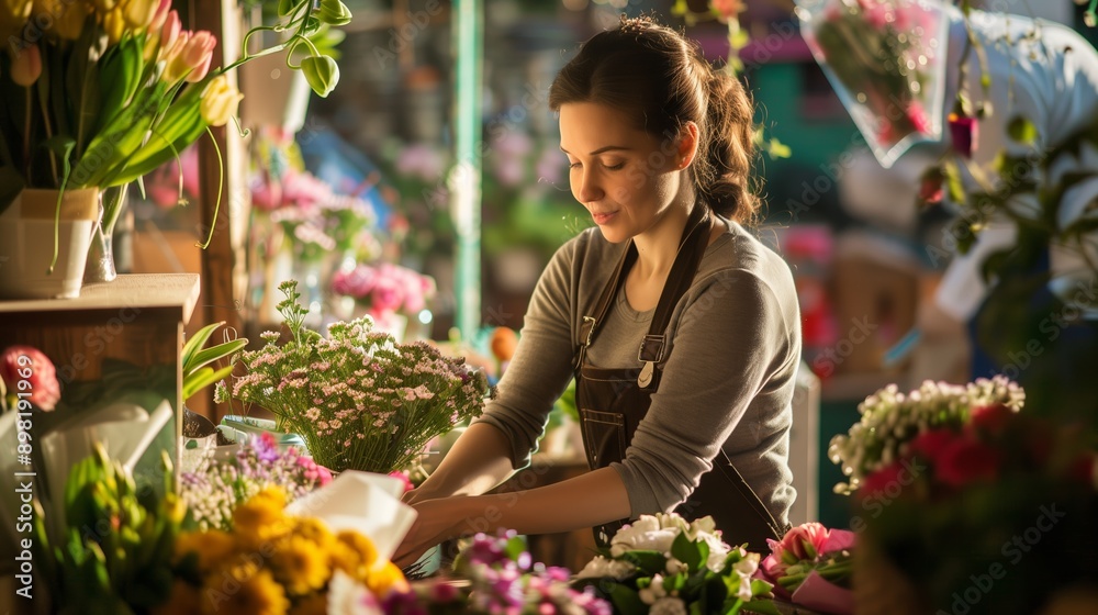 Wall mural A florist diligently arranges a variety of colorful flowers in a blooming shop, showcasing creativity and dedication to her craft.