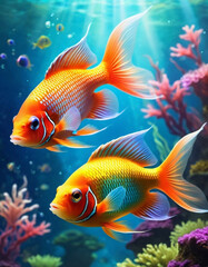 Fototapeta premium Vibrant orange white yellow blue red reef fish swim through coral reef. Sun rays pierce sea water. Variety of animal. Ecology hydrosphere. Anthropogenic factor influencing death of coral reefs. AI