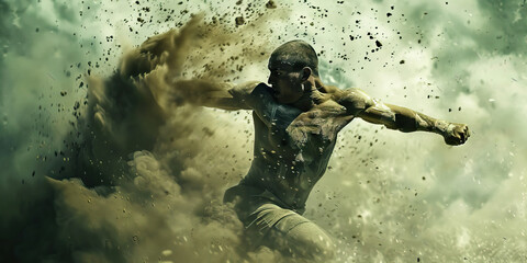 Farthest Throw: A male shot putter in mid-throw, dust and determination flying behind him.