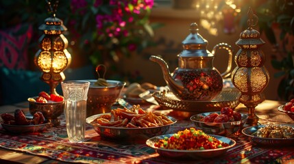 An inviting spread of traditional Middle Eastern dishes with ornate lanterns and tea set, creating a warm and festive ambiance.