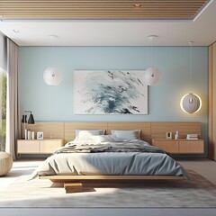 spacious bedroom boasts a color scheme primarily consisting of shades of sky blue and natural wood. A suspended bed is positioned at center of the room, Generative Ai 