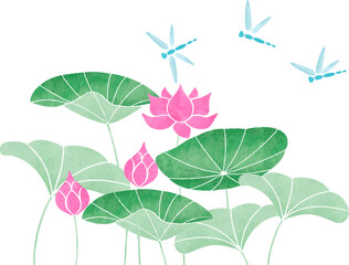 トンボと蓮のイラスト © エコ