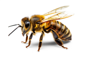A stunning close-up of a bee flying, isolated on a transparent background, showcasing its detailed wings and vibrant colors, created with generative AI technology.