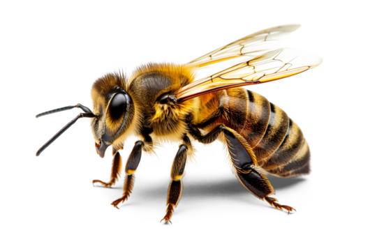 A stunning close-up of a bee flying, isolated on a transparent background, showcasing its detailed wings and vibrant colors, created with generative AI technology.