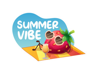 Funny cool strawberry in sunglasses and on beach blanket drinks cocktail. Summer vibe, hello summer. Vector illustration