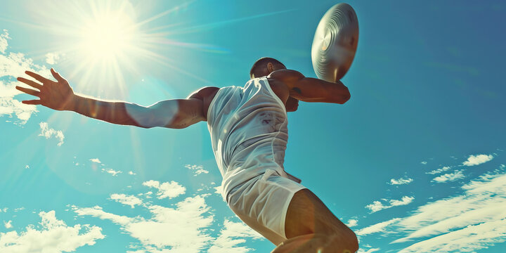 Discus Thrower's Release: A male discus thrower spinning and releasing the disc, its shining surface gleaming in the sun.