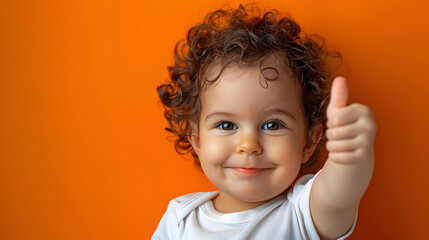Adorable baby girl showing thumb up on orange background. Happy child with curly hair. A smiling toddler giving a thumbs up.