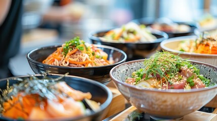 Obraz premium Variety of delicious poke bowls with fresh ingredients, perfect for a healthy and flavorful meal.