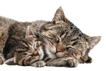 Fototapeta premium Newborn kittens snuggled up to their mother cat. Isolated on a white background.