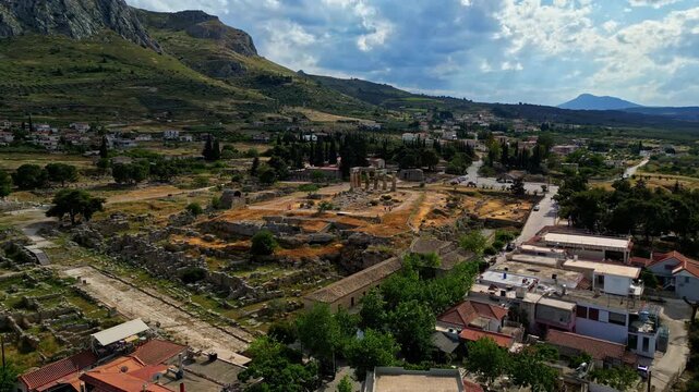 Aerial View of Ancient Corinth Ruins - Historical Landmark In Archea Korinthos, Greece. 