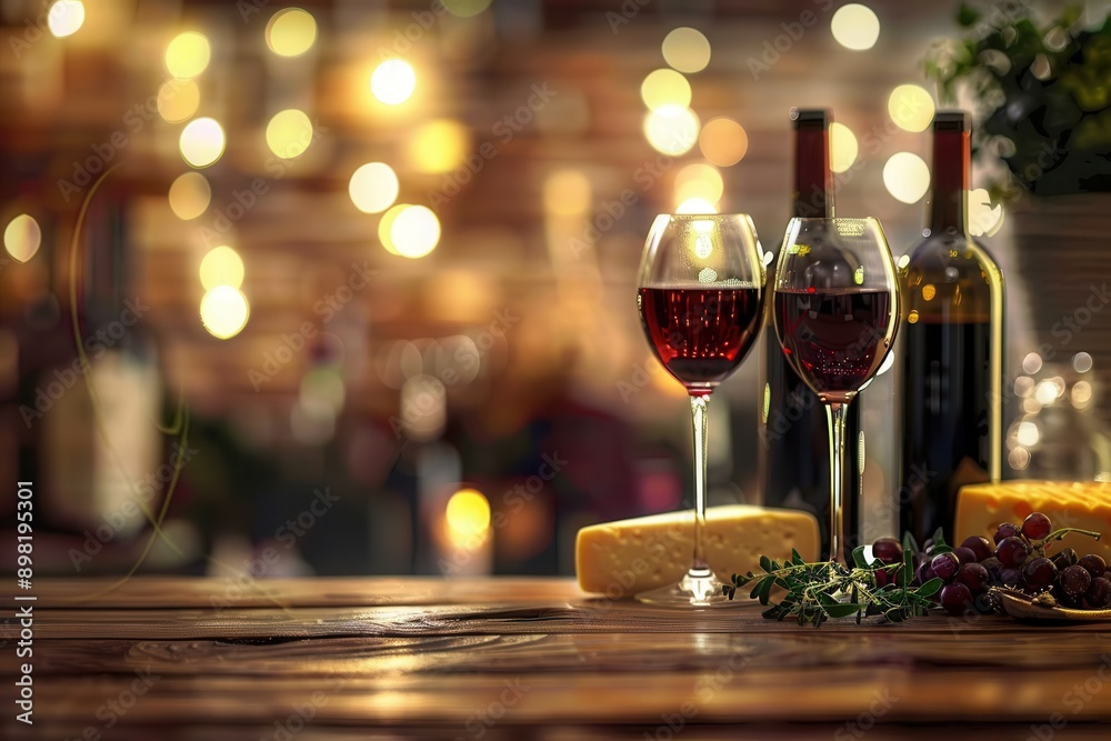 Poster two glasses of red wine with cheese and grapes on a rustic wooden table in a cozy, dimly lit restaur
