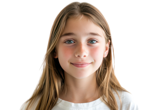 A teenage girl with a shy smile Her gentle demeanor was evident. Isolated on a white background