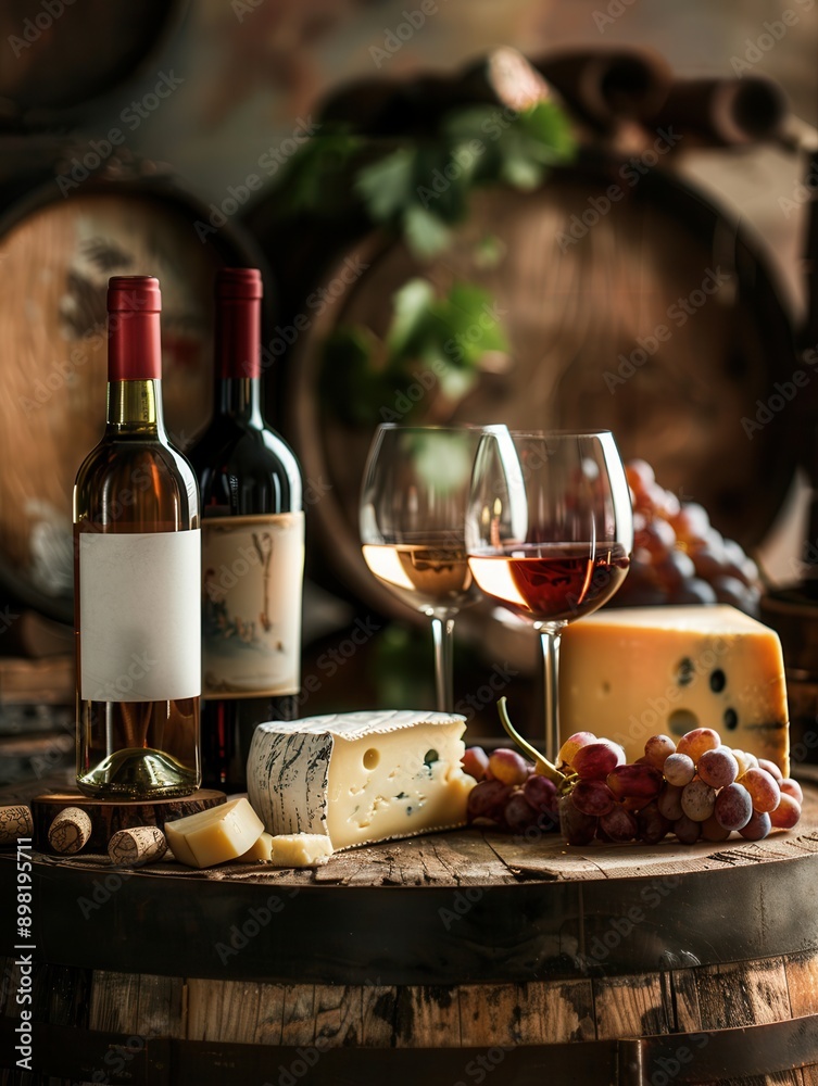 Poster two wine bottles, two wine glasses, a wedge of cheese, and grapes are arranged on a wooden barrel ta