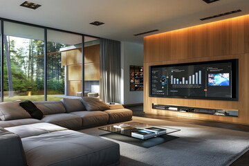 A sleek, modern living room features a large flat-screen TV on a wooden panel wall, a comfortable grey sectional sofa, and glass doors opening to a lush garden area.