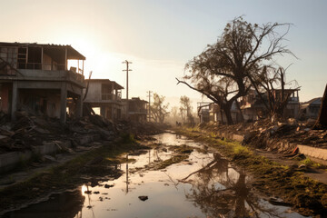 Fototapeta premium Consequences of Natural Disasters in Urban Environment, Destruction of Urban Areas and Downed Power Lines